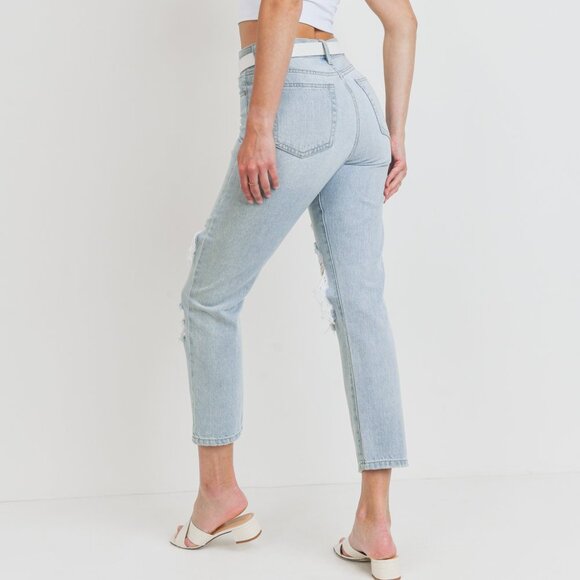 JBD. Just Black Denim Layla Destroyed Girlfriend High Rise Light Wash Crop Pants - Picture 3 of 5